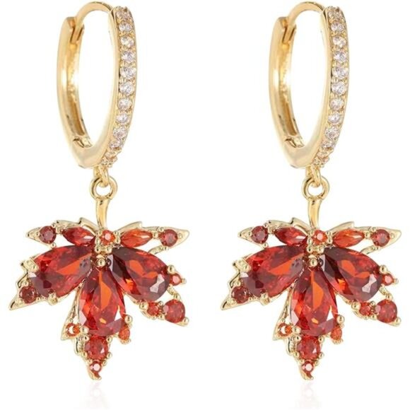 Crystal Maple Leaf Earrings | Sparkly Orange Red Dangle Drops - Picture 1 of 7